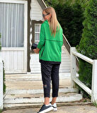 TUA MODA Kadın Yeşil Kapşonlu Etek Ucu Detay Arma Ters Dikiş Gorunumlu Ikili Takım