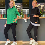 TUA MODA Kadın Yeşil Kapşonlu Etek Ucu Detay Arma Ters Dikiş Gorunumlu Ikili Takım