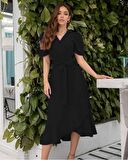 TUA MODA Kadın Kruvaze Yaka Midi Boy Kuşaklı Krep Elbise 120 Cm