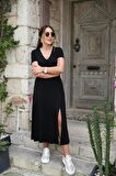 TUA MODA Kadın Kısa Kollu V Yaka Maxi Boy Elbise 124 Cm