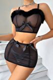 TUA MODA Bella Notte Siyah Peluş Detaylı Likralı Transparan Gecelik 18507