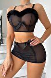 TUA MODA Bella Notte Siyah Peluş Detaylı Likralı Transparan Gecelik 18507