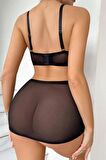TUA MODA Bella Notte Siyah Peluş Detaylı Likralı Transparan Gecelik 18507