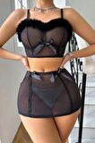TUA MODA Bella Notte Siyah Peluş Detaylı Likralı Transparan Gecelik 18507