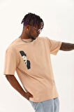 TUA MODA Unisex Oversize Baskılı Bisiklet Yaka T-Shirt - Bej