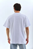 TUA MODA Unisex Oversize Taşlı Bisiklet Yaka T-Shirt - Beyaz