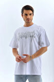 TUA MODA Unisex Oversize Taşlı Bisiklet Yaka T-Shirt - Beyaz