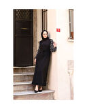 Yuvarlak Desenli Şifon Kollu Tuğba Model Elbise - Siyah Siyah-749