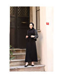 Yuvarlak Desenli Şifon Kollu Tuğba Model Elbise - Siyah Siyah-749