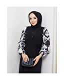 Yuvarlak Desenli Şifon Kollu Tuğba Model Elbise - Siyah Siyah-912