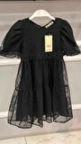 Kız Çocuk Tül Nakış Desenli Yazlık  Siyah Elbise