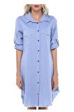 Cep ve Kenarları Saçaklı Kolları Katlanabilir Mavi Kadın Keten Tunik