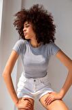 Fitilli Bisiklet Yaka Basic Gri Tshirt-L