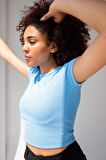 Fitilli Bisiklet Yaka Basic Mavi Tshirt - S