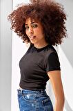 Fitilli Bisiklet Yaka Basic Siyah Tshirt - M