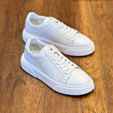 Kalın Ortopedik Tabanlı %100 Deri Sneaker Spor Ayakkabı - Beyaz