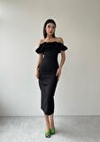 Midi Atlas Elbise Siyah -00012