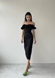 Midi Atlas Elbise Siyah -00012