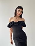 Midi Atlas Elbise Siyah -00012
