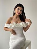 Midi Atlas Elbise Beyaz -00012 