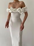 Midi Atlas Elbise Beyaz -00012 
