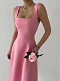 Pembe Calliope Kare Yaka Midi Boy Elbise -00037