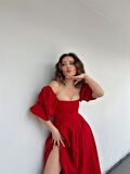 Kırmızı Benjamin Çan Etekli Midi Boy Elbise 