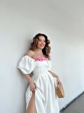 Beyaz Benjamin Çan Etekli Midi Boy Elbise 