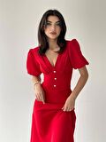 Kırmızı Linda Önü Düğmeli Midi Elbise