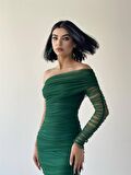 Tek Kol Drapeli Tül Yeşil Elbise