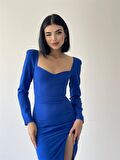 Clara Kalp Yaka Uzun Kol Midi Boy Elbise Mavi