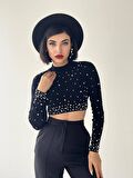 Cloi İnci Detay Crop Siyah