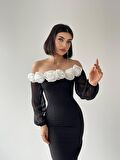 Irmak Straplez Gül Detay Midi Elbise 