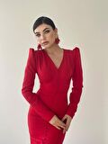 Deren Uzun Kırmızı Düğme Detay Elbise