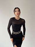 Selin Midi Siyah Tül Detay Yırtmaçlı Elbise