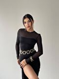 Selin Midi Siyah Tül Detay Yırtmaçlı Elbise