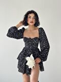 AYEL MİNİ KORSE DETAY ÇİÇEKLİ SİYAH ELBİSE