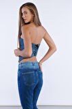 Lacivert Yüksek Bel Yama Detaylı Mom Jeans