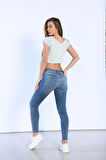 Mavi Yüksek Bel Yandan Şerit Detaylı Skinny Jeans