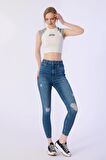 Skınny Cep Kapalı Dizler Lazerlı Paça Kesik Denim Pantolon