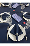 Keten Görünümlü Begonvil Masa Örtüsü Lacivert 13 Parça Set