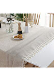 Naturel Püsküllü Masa Örtüsü Düz Pamuk Keten Otantik