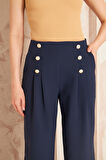 Düğme Detay Bol Paça Pantolon Lacivert