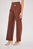 Kare Düğme Bol Paça Pantolon Kahve