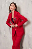 Gül Broşlu 2 Düğmeli Takım Kırmızı