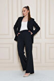 Şal Yaka Çizgili Krep Takım Siyah