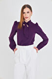 Büzgü Kol Fularlı Gömlek Mor
