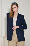 2 Düğmeli Kruvaze Poliviskon Ceket Lacivert