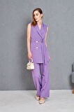 Gold Düğme Kuşaklı Yelek Takım Lila