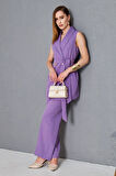 Gold Düğme Kuşaklı Yelek Takım Lila
